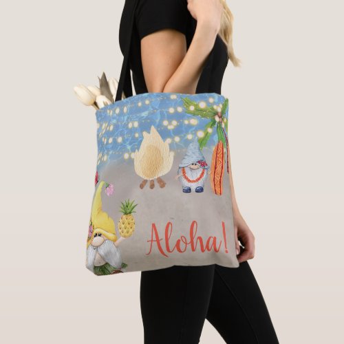 Cute Tropical Gnomes on the Beach Luau Party Tote Bag