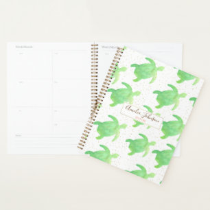 Cute Tropical Green Watercolor Turtles Pattern Planner