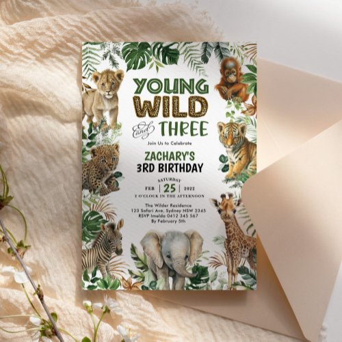 Cute Tropical Greenery Jungle Safari 3rd Birthday Invitation
