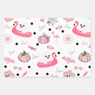 Cute Tropical Halloween - Pink Ghosts & Flamingos Wrapping Paper Sheets