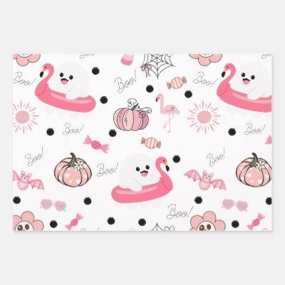 Cute Tropical Halloween - Pink Ghosts &amp; Flamingos Wrapping Paper Sheets