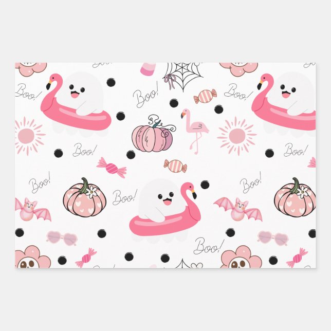 Cute Tropical Halloween - Pink Ghosts & Flamingos Wrapping Paper Sheets (Front)