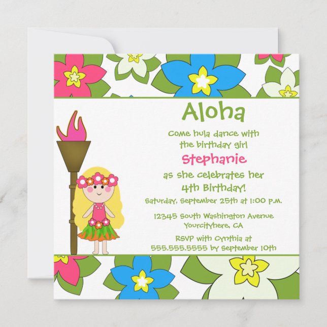Cute tropical hula girls birthday party invitation (Front)