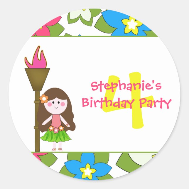 Cute tropical hula girls birthday party stickers (Front)