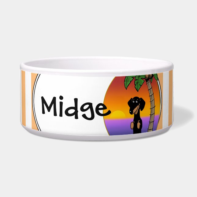 Cute Tropical Island Beach Dachshund (black & tan) Bowl (Front)
