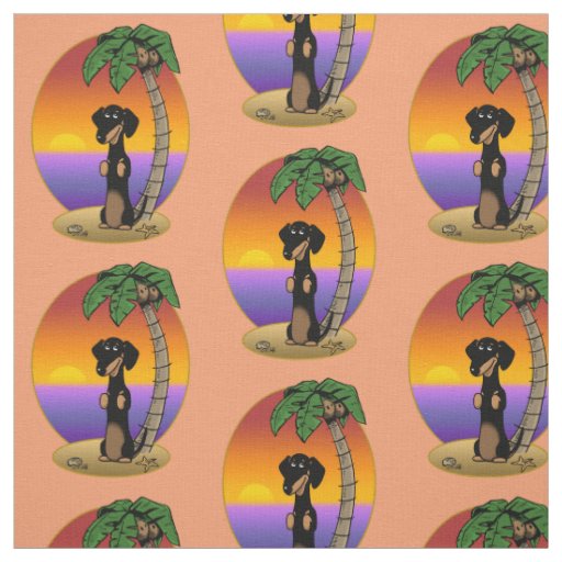 Cute Tropical Island Beach Dachshund (black & tan) Fabric