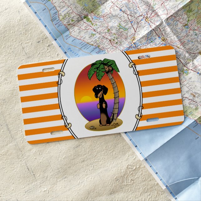 Cute Tropical Island Beach Dachshund (black & tan) License Plate (In Situ)