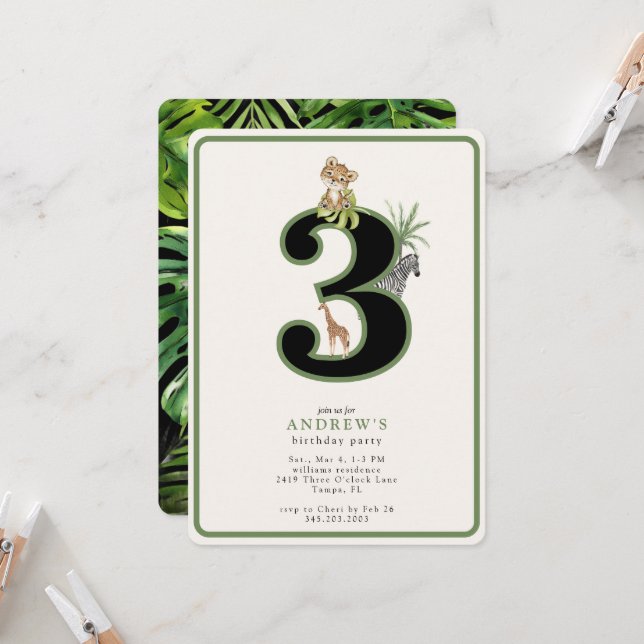 Cute Tropical Jungle 3rd Birthday Animal Invitation (Front/Back In Situ)