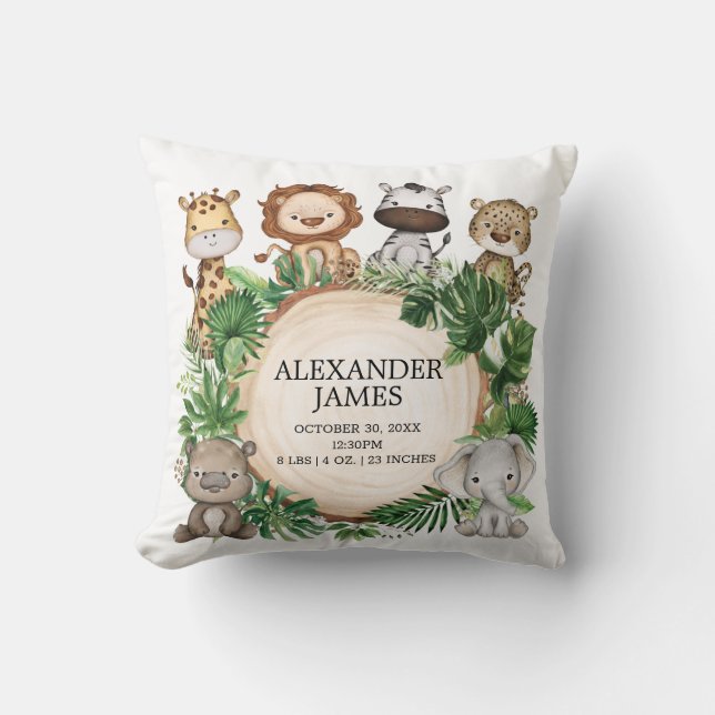 Cute Tropical Jungle Safari Animals Boy Nursery Throw Pillow (Front)