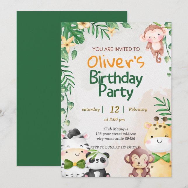 Cute Tropical Jungle Safari Wild One 1st Birthday Invitation (Front/Back)