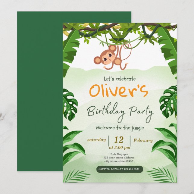 Cute Tropical Jungle Safari Wild One 1st Birthday Invitation (Front/Back)