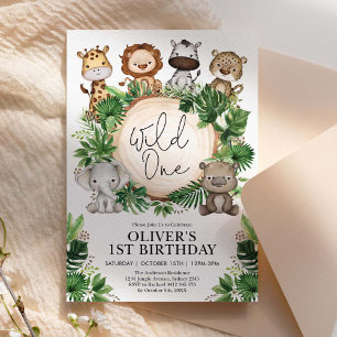 Cute Tropical Jungle Safari Wild One 1st Birthday Invitation