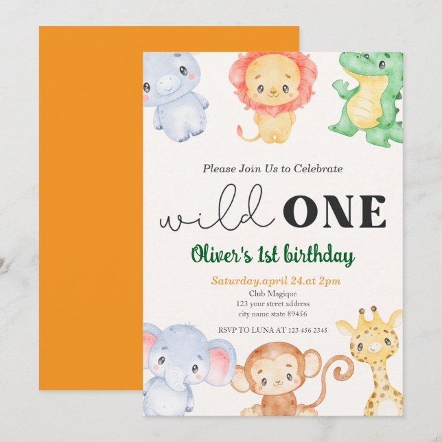 Cute Tropical Jungle Safari Wild One 1st Birthday Invitation (Front/Back)