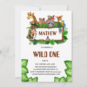 Cute Tropical Jungle Safari Wild One 1st  Invitation