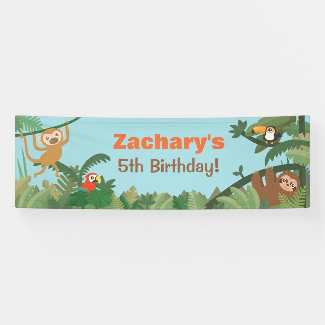 Cute Tropical Jungle Theme Animals Party Banner (Horizontal)