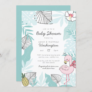 Cute Tropical Leaves Flamingo Baby Shower Invitation