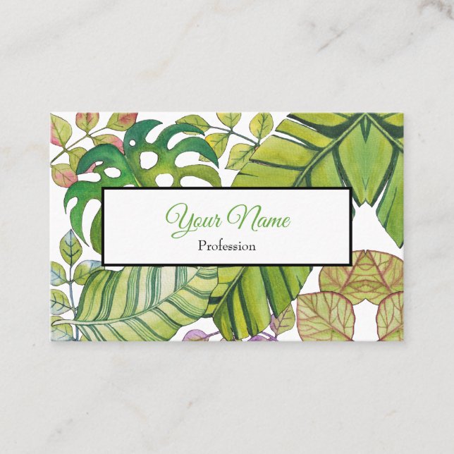 Cute Tropical Leaves In Watercolor Business Card (Front)