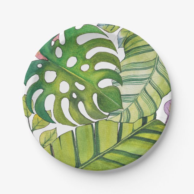 Cute Tropical Leaves In Watercolor Paper Plates (Front)