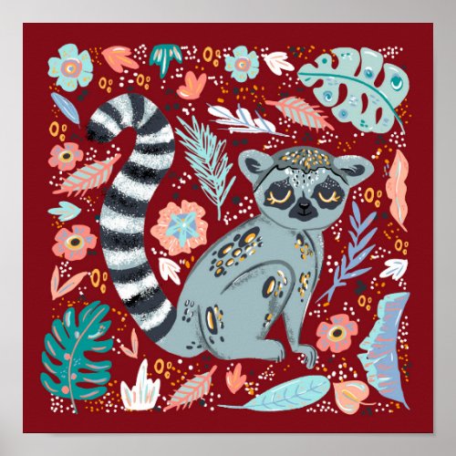 Cute Tropical Lemur Red Nursery Poster