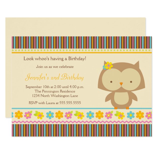 Cute Tropical Owl Girls Birthday Party Invitation