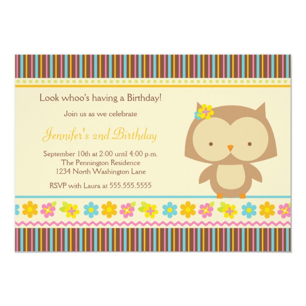 Cute Tropical Owl Girls Birthday Party Invitation