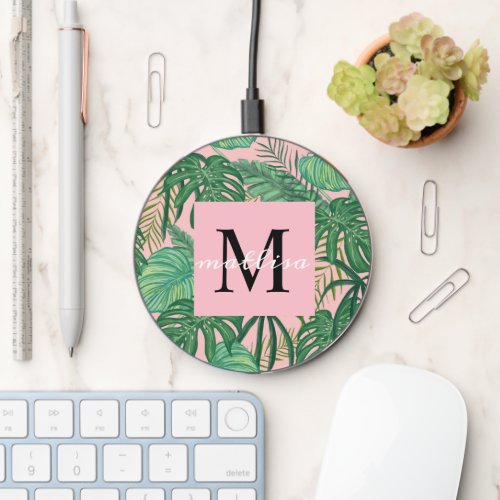 Cute Tropical Palm Leaves Pink Monogram Name  Wireless Charger