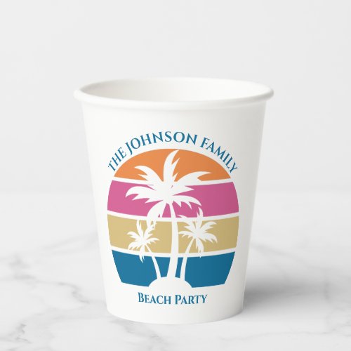 Cute Tropical Palm Tree Custom Blue Beach Party Paper Cups