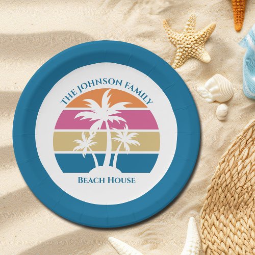 Cute Tropical Palm Tree Custom Blue Beach Party Paper Plates