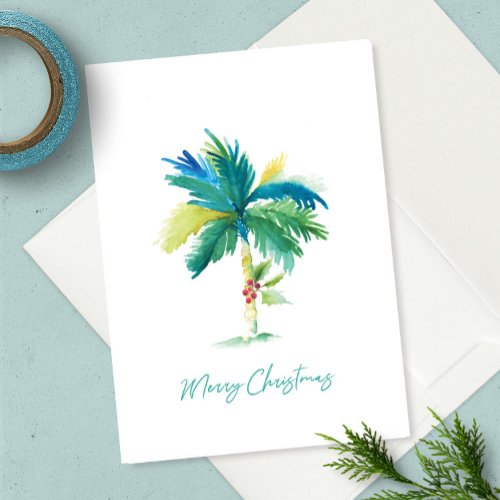 Cute Tropical Palm Tree Watercolor Beach Christmas Card