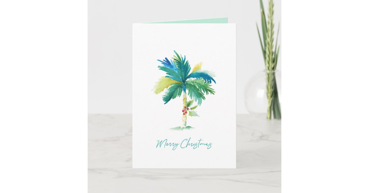 Cute Tropical Palm Tree Watercolor Beach Christmas Card | Zazzle