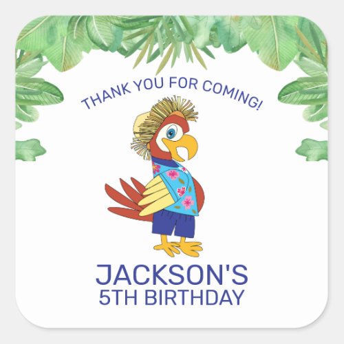 Cute Tropical Parrot Kids Birthday Party Thank You Square Sticker