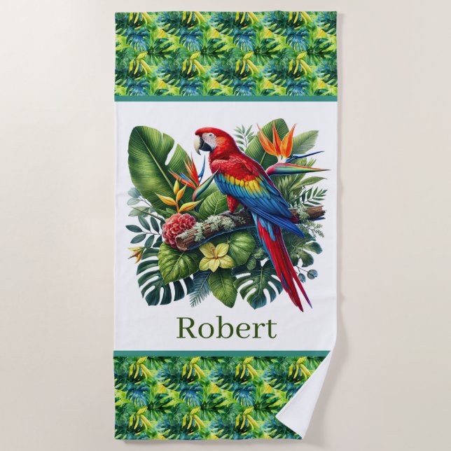 Cute tropical parrot lovers add name  beach towel (Front)