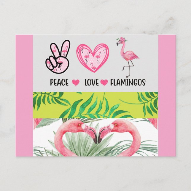 Cute Tropical Peace Love Flamingos  Postcard (Front)