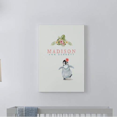 Cute Tropical Penguin Pink Baby Girl Faux Canvas Print