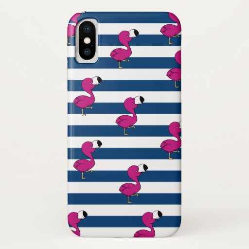 cute tropical pink baby flamingo navy blue striped iPhone XS case