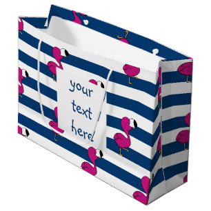 cute tropical pink baby flamingo navy blue striped large gift bag