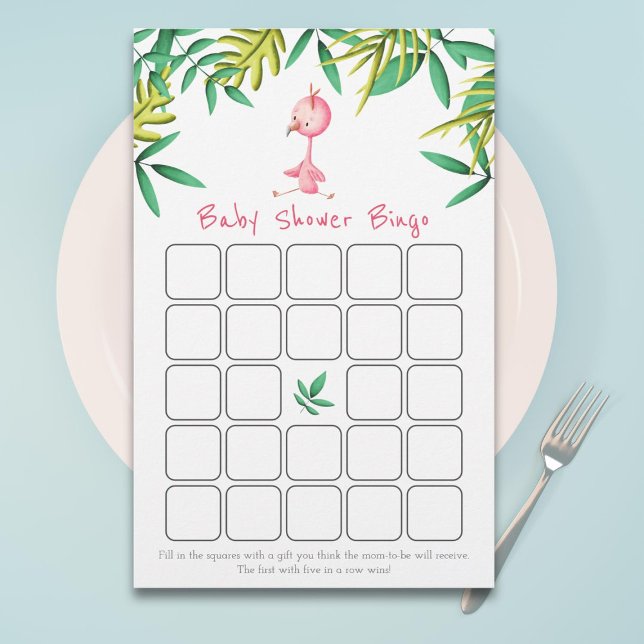 Cute Tropical Pink Flamingo Baby Shower Bingo Card (Creator Uploaded)