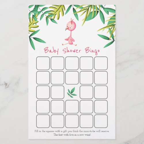 Cute Tropical Pink Flamingo Baby Shower Bingo Card