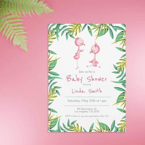 Cute Tropical Pink Flamingo Baby Shower Invitation