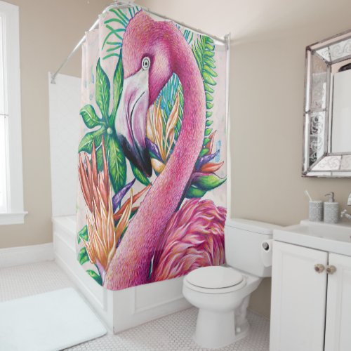 Cute Tropical Pink Flamingo Shower Curtain