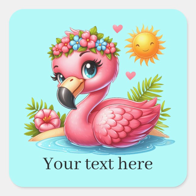 Cute tropical pink flamingo  square sticker (Front)