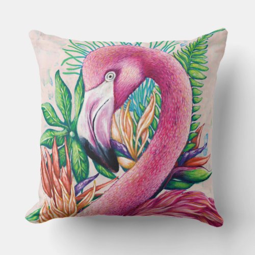 Cute Tropical Pink Flamingo Throw Pillow
