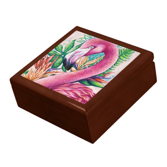 Cute Tropical Pink Flamingo Wooden Jewelry Box (Side)