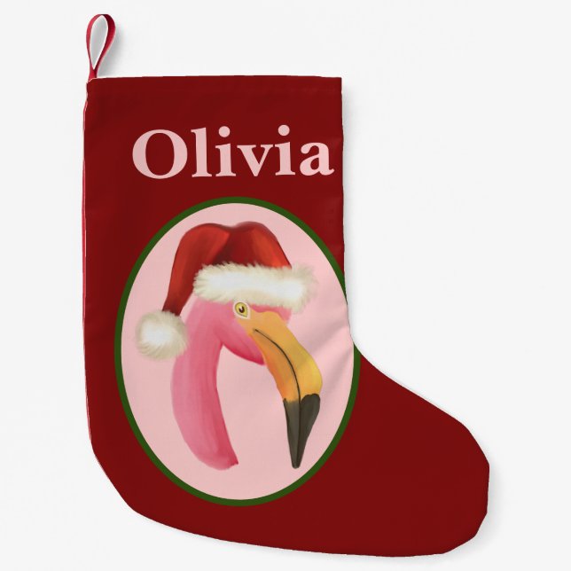 Cute Tropical Pink Flamingo Xmas Hat Personalized  Small Christmas Stocking (Front)