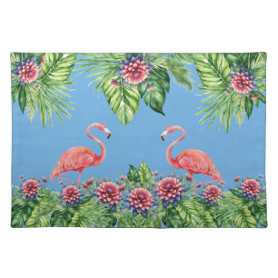 Cute Tropical Pink Flamingos on Blue Background Cloth Placemat