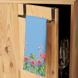 Cute Tropical Pink Flamingos on Blue Background Kitchen Towel