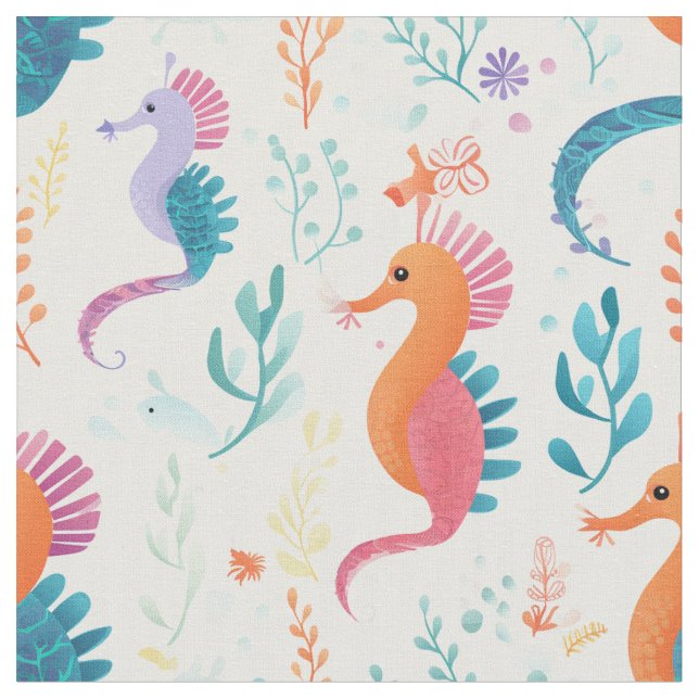 Cute Tropical Seahorse Ocean Beach Theme Fabric (Close Up)