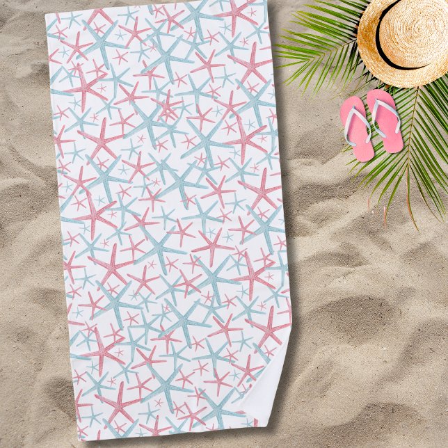 Cute Tropical Summer Beach Towel (Teal Pink Nautical Tropical Starfish Summer Beach Beach Towel)