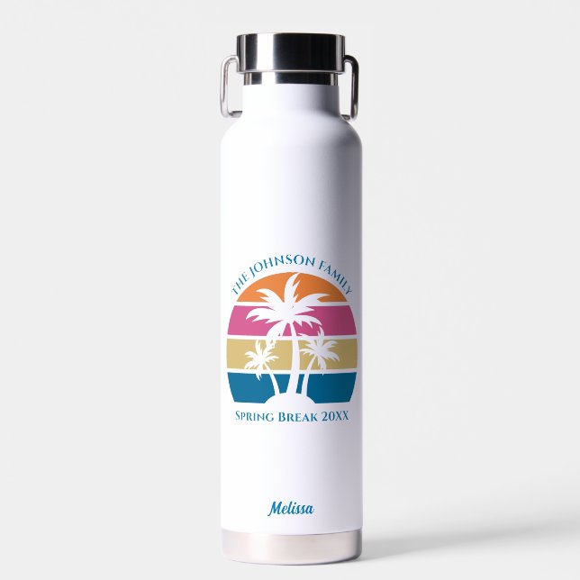 Cute Tropical Sunset Palm Tree Personalized Beach Water Bottle (Front)