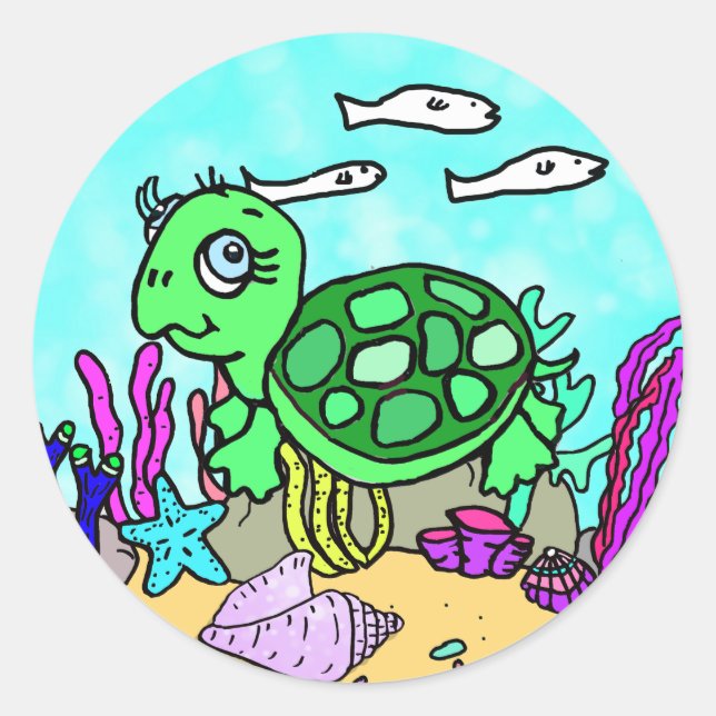 Cute Tropical Turtle Ocean Classic Round Sticker (Front)